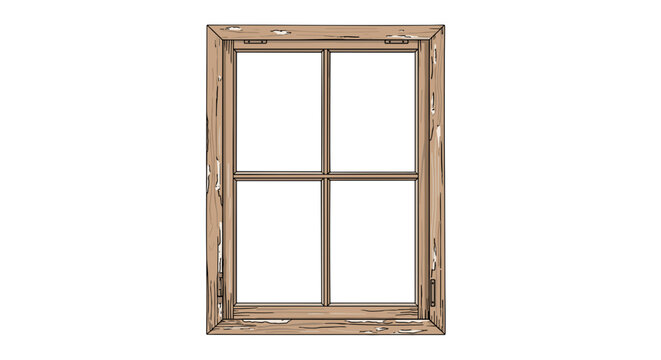 Rustic wooden window frame with four panes weathered texture antique architectural