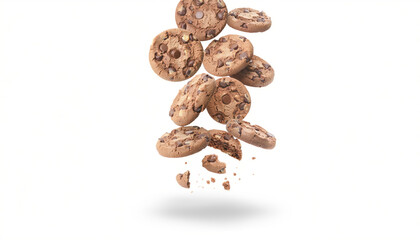 Fototapeta premium Chocolate chip cookies falling on a bright white backdrop, ideal for food blogs, social media posts, bakery advertisements, and recipe cards.