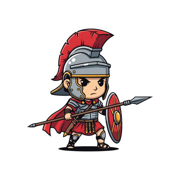 Full body chibi Roman legionary soldier cartoon illustration wearing silver Galea helmet with red plume, segmented armor, holding a spear and shield on white background.