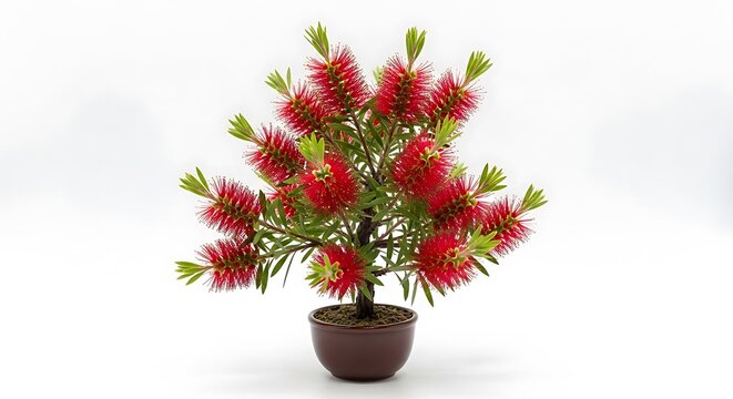 Vibrant red bottlebrush plant in a brown pot
