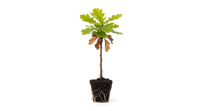 Young oak tree sapling with green leaves and exposed roots