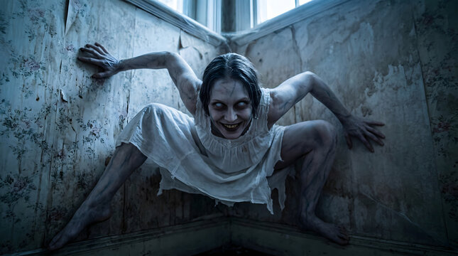 Sinister possessed woman with white eyes and a terrifying grin crawling in the corner of a dark abandoned room with peeling wallpaper.