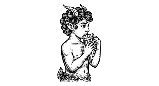 Mythical satyr boy with horns playing panpipes ancient greek mythology character