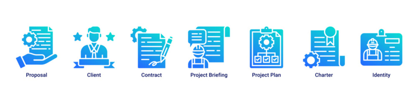 Project Setup web banner icon vector illustration with icons of Proposal,Client,Contract,Project Briefing,Project Plan,Charter and Identity