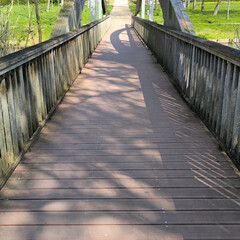 Obraz premium Sunlit Wooden Boardwalk Bridge in a Park Setting