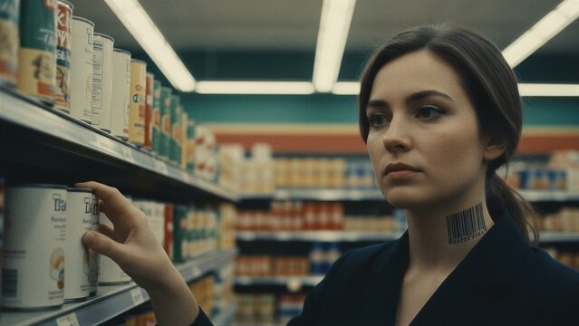 Woman with barcode tattoo on neck shopping in grocery store. Mind control, hypnosis and dehumanization concept. Mystery thriller atmosphere in supermarket with product shelves.