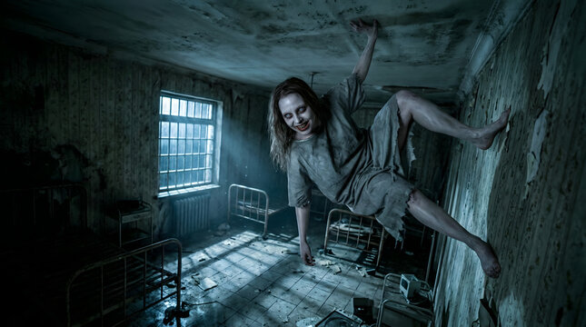 Creepy demonic girl crawling on ceiling and walls in a derelict mental asylum ward with abandoned hospital beds and spooky atmosphere.