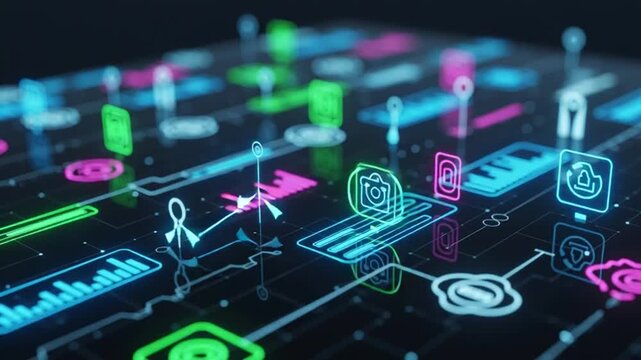 Neon lit circuit board displays various data icons and graphics in a futuristic technology environment.