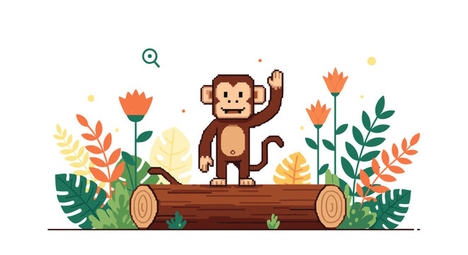 Pixel art monkey standing on a fallen log in a colorful garden filled with blooming flowers and tropical leaves on white base.
