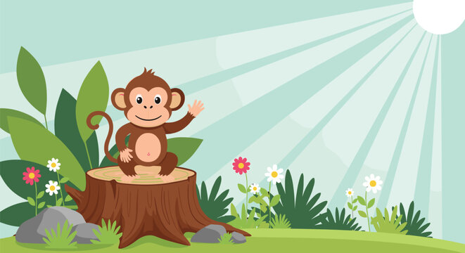 Happy cartoon monkey sitting on a tree stump in a sunny green meadow with colorful flowers and bright rays from the morning sun.