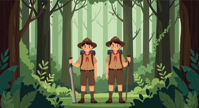 Two young boy scouts in full uniform standing together in a green forest holding walking sticks and a machete for their hike.