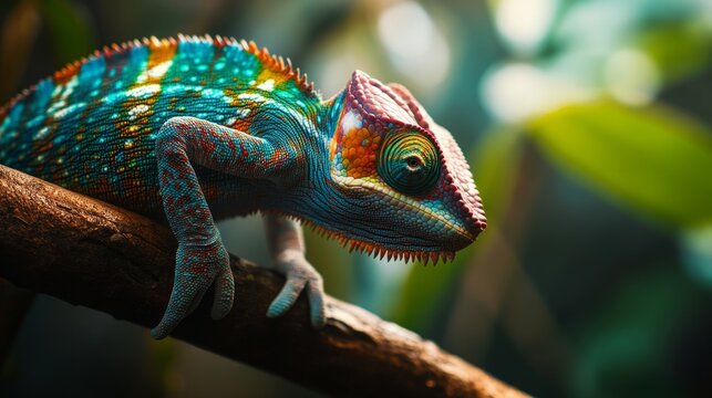 A chameleon changing color on a branch. generative ai