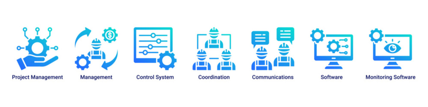 Management System web banner icon vector illustration with icons of Project Management,Management,Control System,Coordination,Communications,Software and Monitoring Software