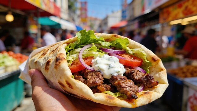 Delicious beef gyros wrap with fresh lettuce, tomatoes, and tzatziki sauce at a sunny outdoor street food market, tasty Mediterranean fast food.