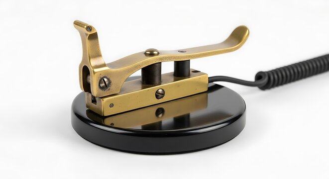 Vintage brass Morse code telegraph key on white background