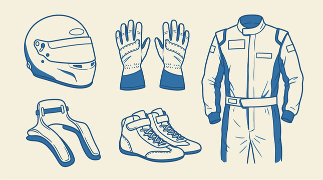 Essential illustration set depicting blue and white professional racing safety gear and protective equipment collection