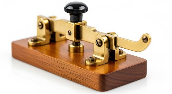 Vintage brass Morse code telegraph key on wooden base