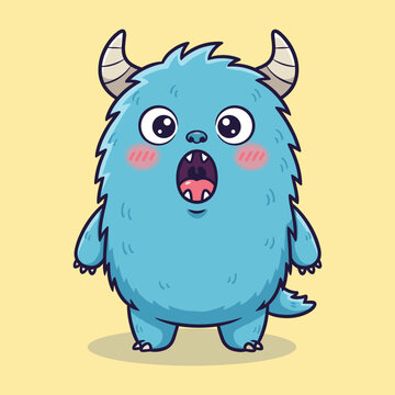 Surprised blue monster vector illustration with horns and rosy cheeks