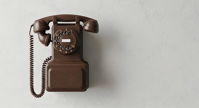 Vintage brown rotary telephone mounted on a textured light wall