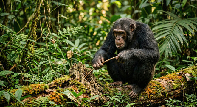 &nbsp;A hyper-realistic, candid wildlife photograph of an adult chimpanzee sitting intently on a mossy log in the Gombe Stream National Park. 