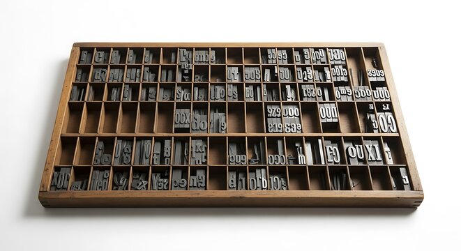 Vintage wooden printer's type case with metal letterpress blocks