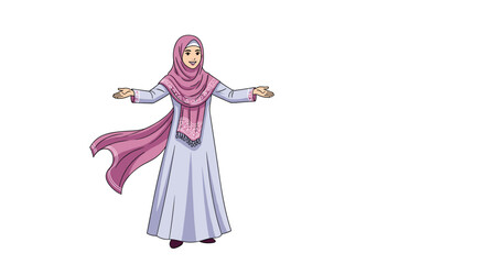 Fototapeta premium Smiling woman wearing a beautiful lilac hijab and traditional dress with her arms open on a clean white background.