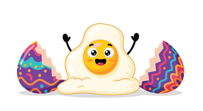 Funny cartoon fried egg with a smiling face hatching from a colorful cracked Easter egg shell on a white background.