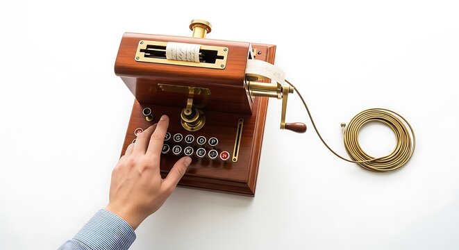 Vintage wooden telegraph machine with hand and paper tape