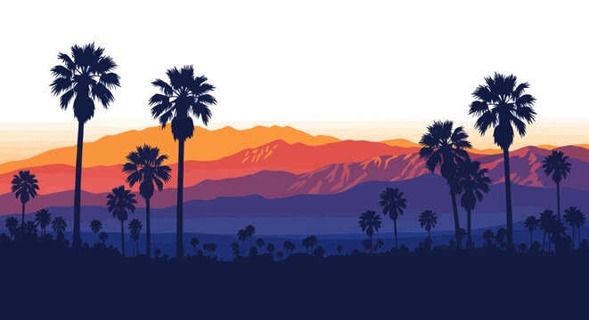 Palm Trees Silhouette Sunset Landscape with Mountains