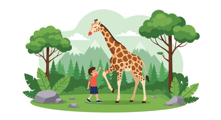 Obraz premium Young boy in a red shirt standing next to a tall giraffe in a beautiful forest landscape with evergreen trees and distant snowy mountains.