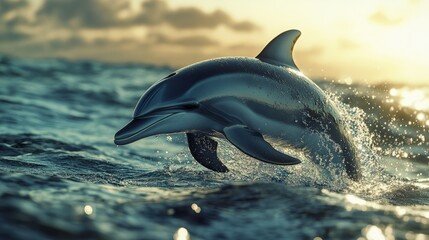 Obraz premium dolphin emerging from water, droplets suspended mid air, generative ai