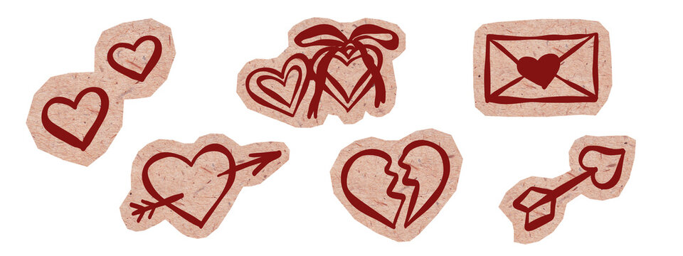 Hand-drawn red heart doodle set on torn kraft paper stickers for scrapbooking. Collection including Cupid's arrow, broken heart, envelope, locket hearts. DIY zine elements on transparent background 