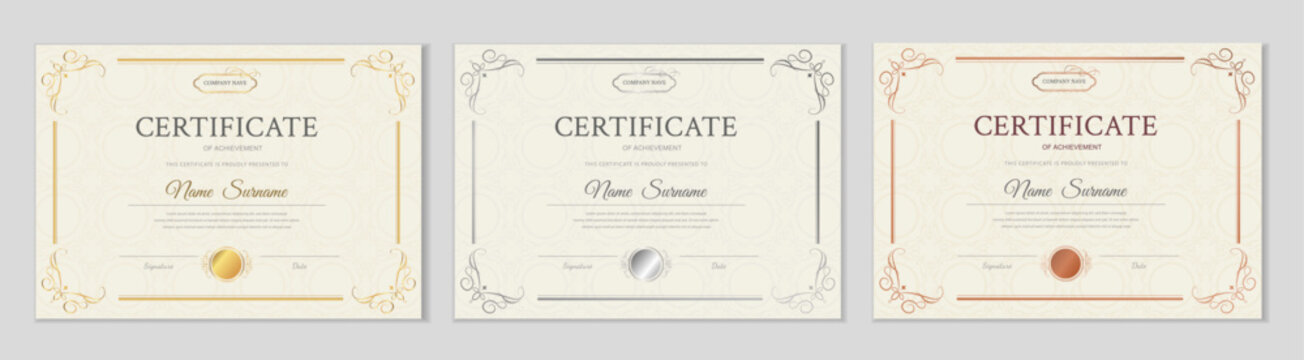 Certificate template set with gold silver and bronze borders. Horizontal vector in classic elegant style for diploma or award achievement. Set of three layouts with vintage ornaments.
