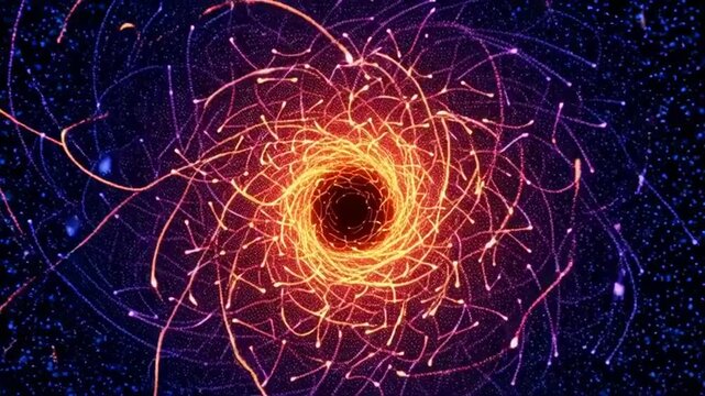 Vibrant orange and purple swirling lines form a mesmerizing spiral pattern in space.