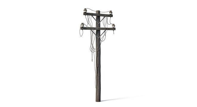 Weathered wooden utility pole with tangled wires and insulators on white