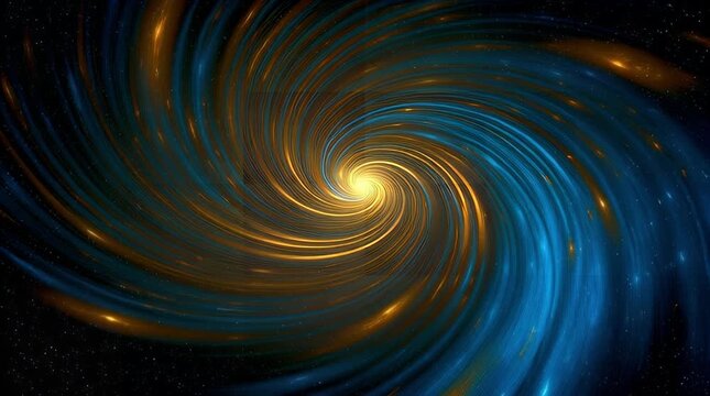 Abstract swirling vortex of cosmic energy and stardust a mesmerizing spiral galaxy illustration with vibrant blue and gold tones against a dark space background