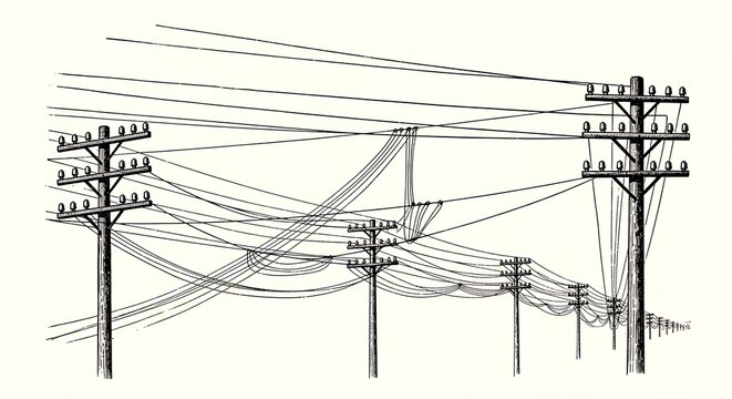 Vintage illustration of complex power lines and utility poles