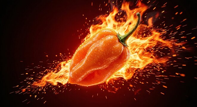 a single orange habanero chili pepper exploding with fire and sparks on dark background, extreme heat and spicy food concept.