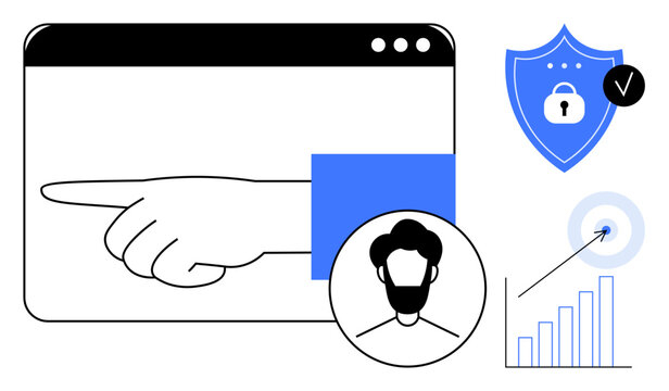Cybersecurity concept. Cybersecurity ensures data protection and secure user authentication. Cybersecurity with shields, profile icons, and target analytics. Perfect for tech, IT, fintech, business