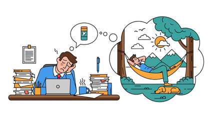 Tired businessman dreaming of vacation, relaxation, nature, and freedom from work stress. © gedang