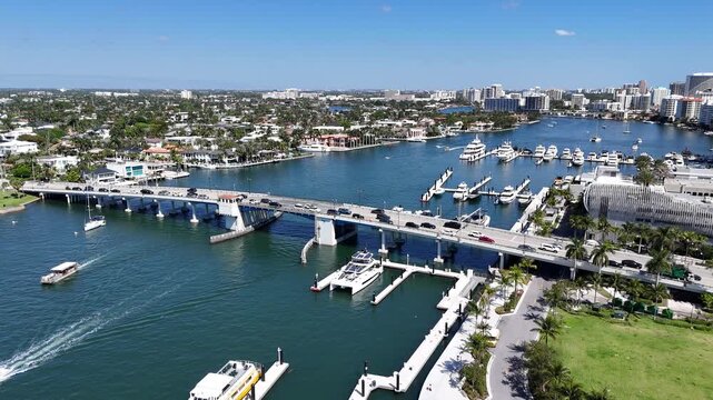 Aerial view of the intracoastal waterway near Las Olas Blvd bridge at Fort Lauderdale Beach in Broward County, Florida. 
