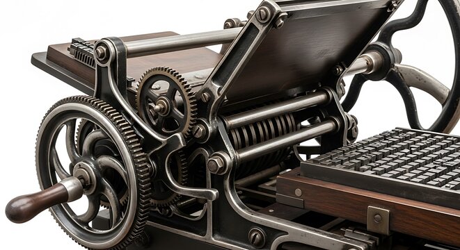Vintage letterpress printing machine gears and type on white