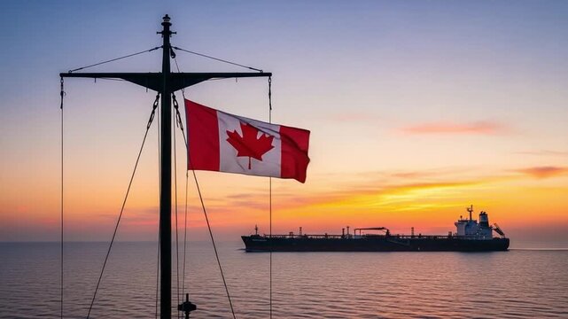 Canadian flag on vessel mast with cargo ship at sunset, maritime logistics and international trade