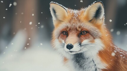 Obraz premium fox in snowy forest, snowflakes on fur, generative ai