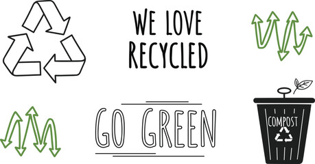 Hand drawn ecology vector set featuring go green typography recycle symbols green arrows and compost bin illustrations, © Mominul