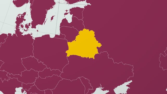 Belarus map. Animated zoom into the country on the Globe in Pale Mint Dark Pink color palette. Country logo animation with round text and airplanes. Map with meridians, parallels. Awesome video.
