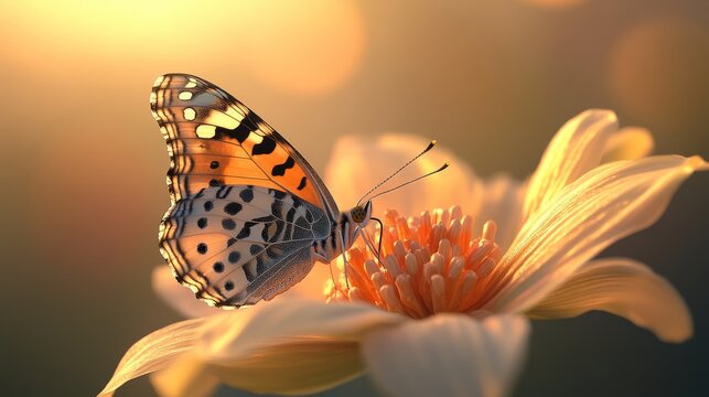 86.Serene summer moment with the butterfly gently settled on a delicate petal, dramatic amber sunset sky casting warm tones that enhance the detailed wing markings and natural textures