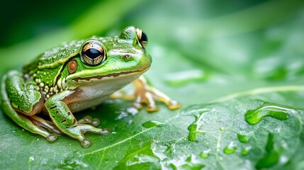 Fototapeta premium frog sitting on a wet leaf, visible water generative ai