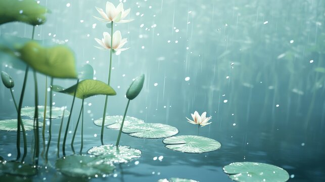 12.Underwater view of a serene water lily plant with long stems reaching down into the pond, gentle ripples from summer rain falling above, soft filtered light, floating leaves and subtle bubbles,