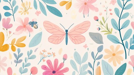 Obraz premium 18.Decorative banner filled with pastel blossoms, stylized leaves, dragonfly, butterfly and bee, arranged in flat folk geometric shapes, soft spring palette, clean symmetrical layout for seasonal